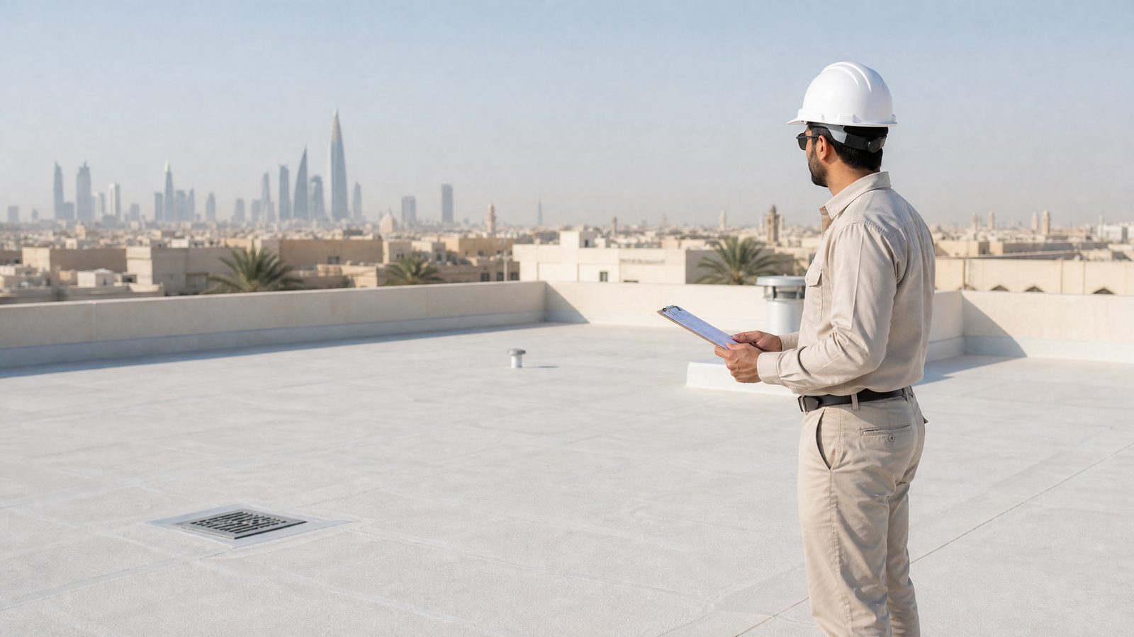مهندس يراجع سطحًا معزولًا ومنطقة تصريف في الرياض