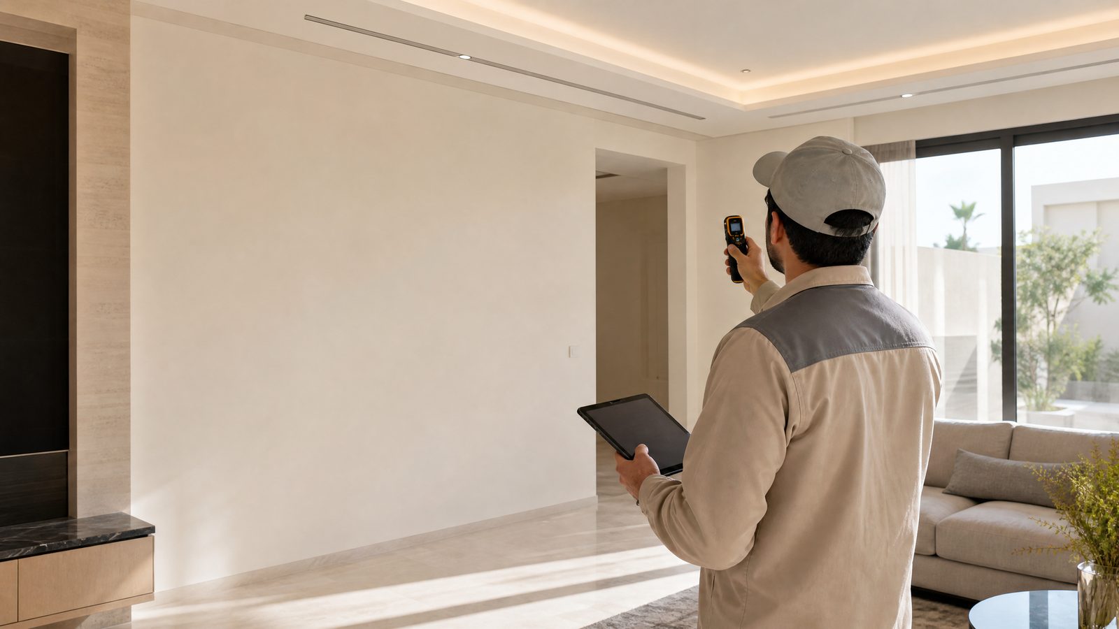 مهندس يعاين جدارًا وسقفًا في فيلا بالرياض قبل الشراء