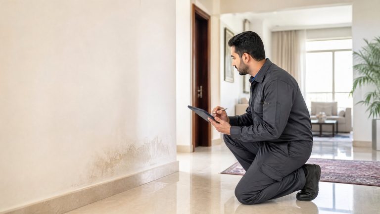 فني يوثق بقعة رطوبة محدودة على جدار داخلي قبل التقييم